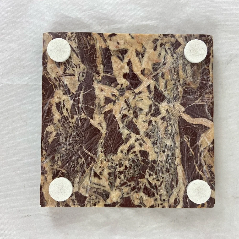 Thirstystone Set Of 4 Cherry Marble Coasters With Wood Holder 4x4 Square NEW